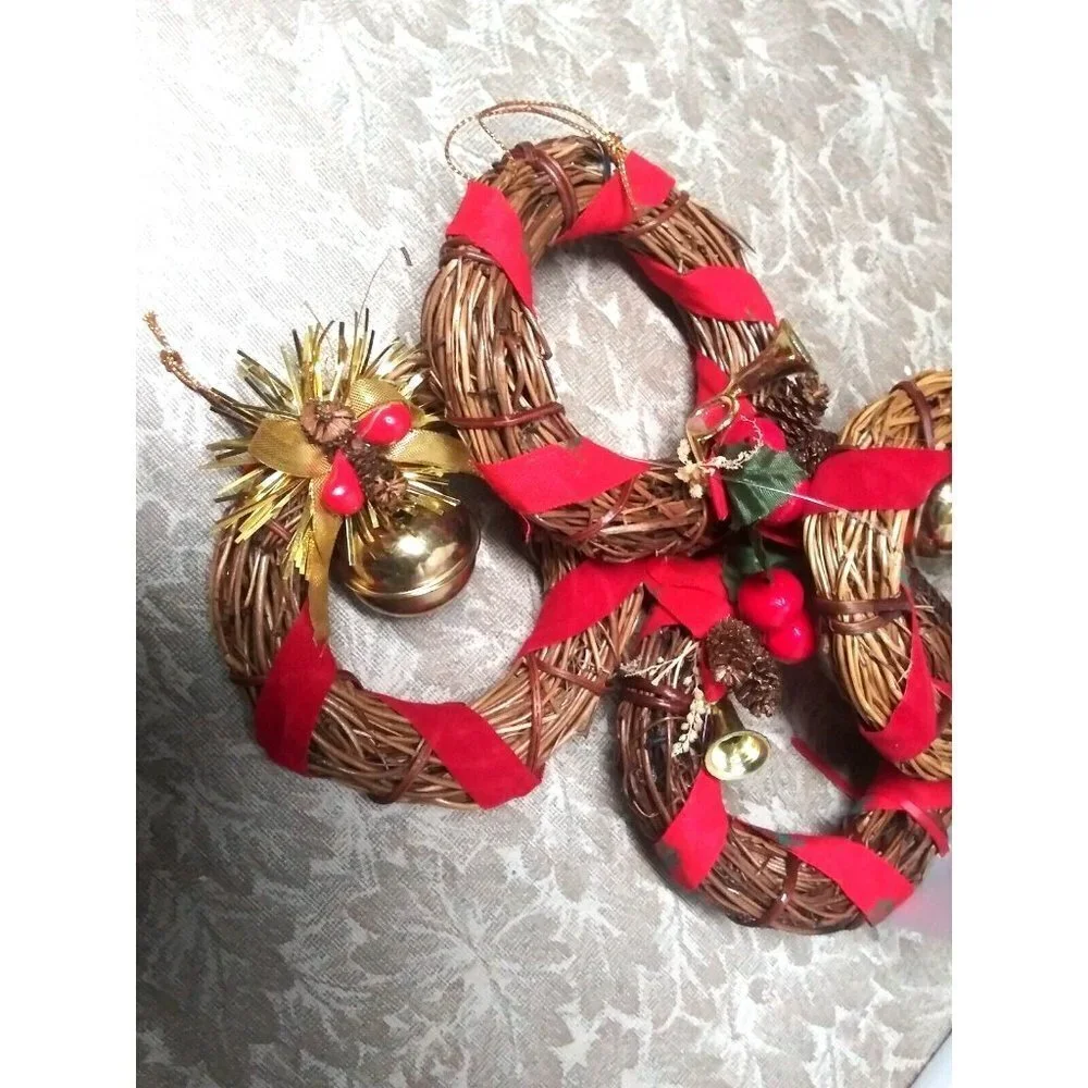 Set of 4 Christmas ornaments Rattan Woven Wreaths small 4